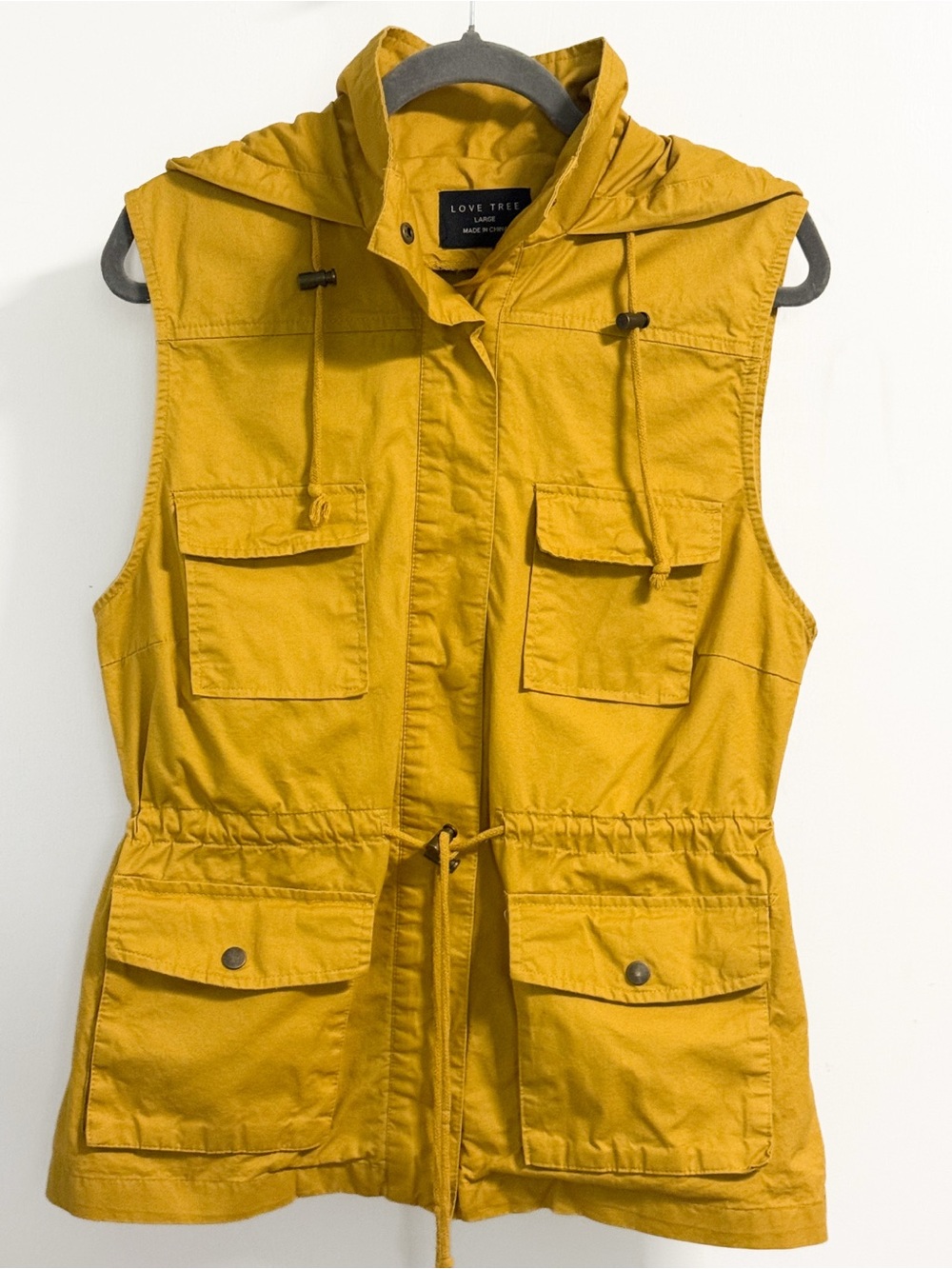 Love Tree Mustard Hooded Utility Vest Large Cotton Cargo Pockets